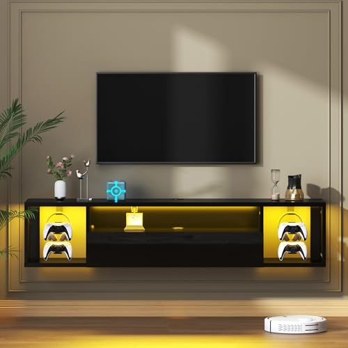 sogesfurniture 55'' Floating TV Stand with Lights, Floating Entertainment Center with Lights, Modern Wall Media Console with Storage, Wall Mounted LED TV Stand for Living Room, Black - size: 55"-Black