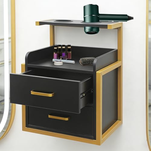 Suspended Salon Wall Cabinet with 2 Drawers & Hair Dryer Holder, Storage Cabinet for Hair Salon, Wall Mounted Styling Station, 15.75'' Wide Storage for Hair Salons, Spas, Home Use (Black) - color: Black