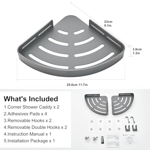 DUFU Adhesive Corner Shower Caddy with Hooks, Grey, 2 Pack | Bathroom Shower Organizer, No Drilling Rust Proof Aluminum Shower Shelf for Inside Shower - color: Grey