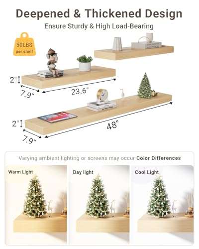 White Oak Floating Shelves for Wall, 8"D x 2"H, 3pcs (24 & 48 In) | 2" Thick Wood Wall Shelf, Heavy Duty Bracket, Bathroom Bedroom Kitchen Living Room, Non-tilting, 50LBS Capacity, Easy Install - color: White Oak, size: 23.6 (2pc)+48 (1pc)