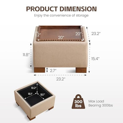 WUTUTUEE 24" Square Ottoman Coffee Table with Storage, Fabric Ottomans with Tray and Solid Wood Legs for Living Room, Bedroom and Apartments, Small Modern Ottoman Tea Table with Lift-Off Lid, Khaki - color: 24'' Khaki Fabric