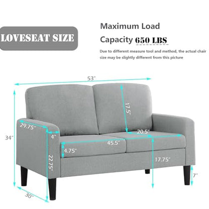 Loveseat Sofa 53" Small Spaces Sofa Couch for Offices,Dorm Room,Bedroom 2 Seater Linen Gray Small Couch, Comfy Love Seat, All-Wood Couches with High Legs, Grey - color: Grey