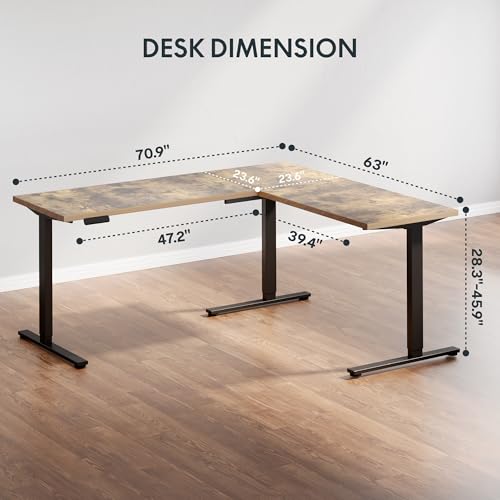 SANODESK 71x63 Reversible L-Shaped Electric Standing Corner Computer Desk | 28.3"-45.9" Adjustable Height, 4 Presets, 3-Leg Holds 220 Lbs, Spacious Top For Multi-Monitors, 2-Box Ship, Rustic Brown