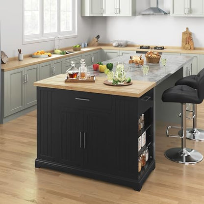 Yaheetech Rolling Kitchen Island Cart with 3 Drawers & Open Shelves, Black | Mobile Kitchen Island with Storage on Wheels with Adjustable Shelves, Thicke Rubberwood Top, for Dining Room/Living Room - color: Black