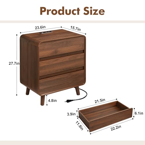 Nasonet 27.7'' Tall Night Stands Set of 2 with Charging Station, Mid-Century Modern Large Bedside Table with Outlets, Wide Wood End Table for Bedroom, Walnut - color: Walnut, size: 3 Drawers