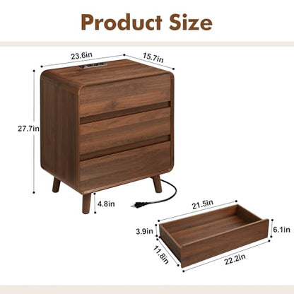 Nasonet 27.7'' Tall Night Stands Set of 2 with Charging Station, Mid-Century Modern Large Bedside Table with Outlets, Wide Wood End Table for Bedroom, Walnut - color: Walnut, size: 3 Drawers
