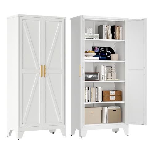 Washsemba 71'' Farmhouse Metal Storage Cabinet with Barn Doors,Steel File Cabinet for Home Office,Kitchen Pantry 4 Adjustable Shelves,Freestanding Cupboard for Kitchen,for Home Office,School (White) - color: White, size: 71" - Storage Cabinet - 2 Door