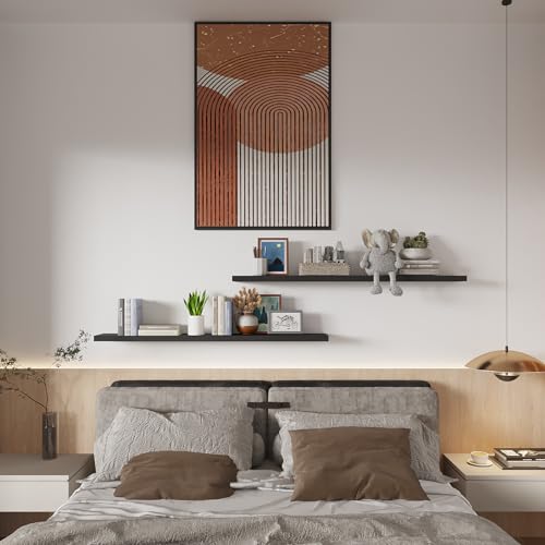SAUMONIERES 48 Inch Floating Wall Shelves for Bedroom Bathroom Wall Mounted Solid Wood Shelf Storage Decor Set of 2, Black Floating Shelves - color: Black, size: 48 Inch-2 shelves