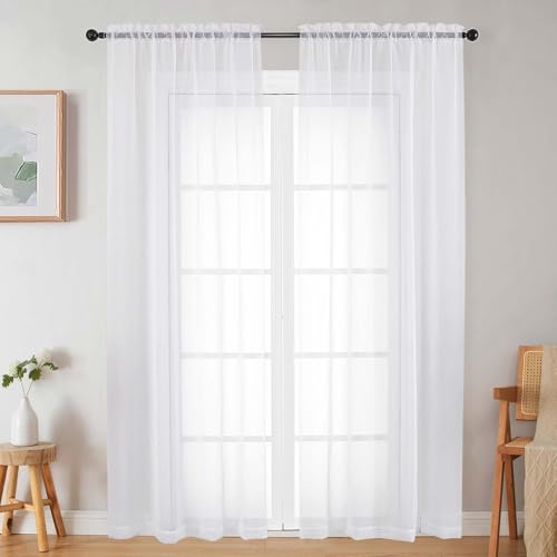 Sheer White Curtains for Bedroom Living Room 90 Inches Long 2 Panels Set, Soft Airy Light Filtering Sheer Window Treatments, Modern Rod Pocket Curtains Drapes, Each 42" Wx90 L Inch - color: White, size: 42"W x 90"L (Pack of 2)
