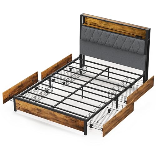 WLIVE Full Size Bed Frame with 4 Storage Drawers, Upholstered Bed Frame with Headboard, Platform Bed with LED Lights and Charging Station, 1500LBS Mattress Foundation, No Box Spring Needed