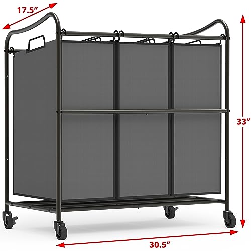 Simple Houseware Heavy Duty 3-Bag Laundry Sorter Rolling Cart, Dark Grey | Removable Bags and Lockable Wheels for Laundry Room Organization - color: Dark Grey