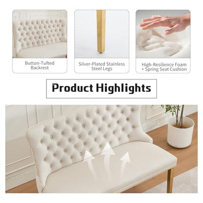 Beige Velvet Dining Bench with Back, Tufted Banquette Seating, Gold Legs | Upholstered loveseat bench; tufted back; nailhead trim; 500 lb capacity; foam and spring seat; dining room or entryway - color: Beige(gold Stainless Steel Legs)
