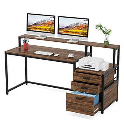 Tribesigns 63 Inch Computer Desk with File Drawer Cabinet, Ergonomic Desk | Office Desk with Monitor Stand, Computer Table with Printer Space, Wood PC Table Workstation Desk for Home Office - color: Rustic Brown