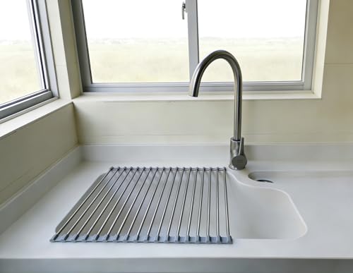 Roll Up Dish Drying Rack, Stainless Steel and Silicone Dish Drying Mat Over The Sink Foldable Drain Rack Multipurpose Dish Drainer for Kitchen, 14.5” x 14”, Gray - color: Gray