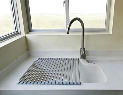 Roll Up Dish Drying Rack, Stainless Steel and Silicone Dish Drying Mat Over The Sink Foldable Drain Rack Multipurpose Dish Drainer for Kitchen, 14.5” x 14”, Gray - color: Gray