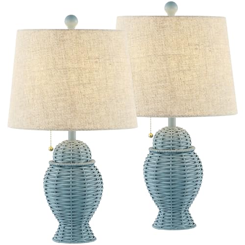 JONATHAN Y 20.5" Wicker Table Lamp, Blue with Beige Shade, Set of 2 | Margie Bohemian Rustic Farmhouse Coastal Urn Rattan Metal, Pull Chain Switch, Linen, LED Bulbs Included - color: Blue