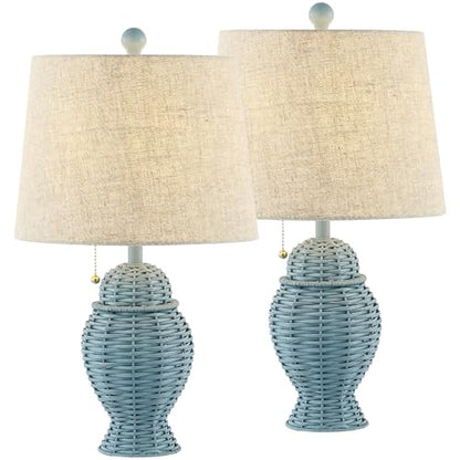 JONATHAN Y 20.5" Wicker Table Lamp, Blue with Beige Shade, Set of 2 | Margie Bohemian Rustic Farmhouse Coastal Urn Rattan Metal, Pull Chain Switch, Linen, LED Bulbs Included - color: Blue