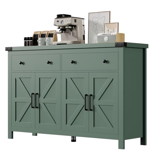 VVFLU Buffet Cabinet with Storage Farmhouse with 4 Doors and 2 Drawers, 55'' Large Kitchen Storage Cabinet Green Wood Coffee Bar Buffet Sideboard for Kitchen, Dining Room, Living Room - color: Green/Wood, size: 15.7"D x 55.1"W x 35.4"H