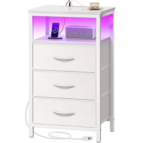 Huuger Night Stand with Charger Station and LED Lights, 3 Drawer Nightstand | Bed Side Table with Open ShelfEnd TableTall Fabric Dresser for Bedroom, PU Leather, White - color: White, size: 11.8"D x 15.7"W x 27.6"H（3 Drawers）