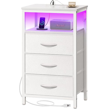 Huuger Night Stand with Charger Station and LED Lights, 3 Drawer Nightstand | Bed Side Table with Open ShelfEnd TableTall Fabric Dresser for Bedroom, PU Leather, White - color: White, size: 11.8"D x 15.7"W x 27.6"H（3 Drawers）