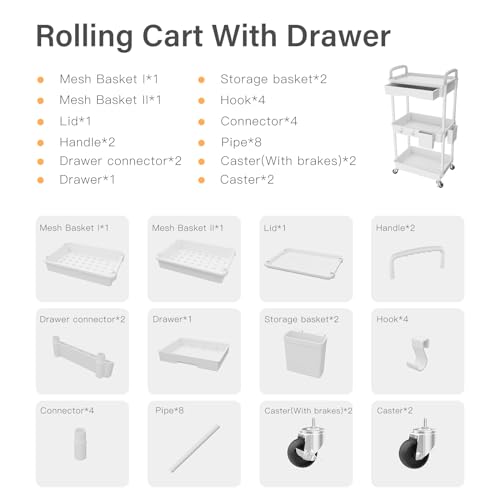 3 Tier Rolling Utility Cart with Drawer,REBECAT Utility Cart Made of Multifunctional Storage Organizer Tool for Kitchen,Bathroom,Living Room,Office(White) - color: White