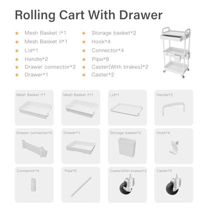 3 Tier Rolling Utility Cart with Drawer,REBECAT Utility Cart Made of Multifunctional Storage Organizer Tool for Kitchen,Bathroom,Living Room,Office(White) - color: White