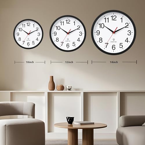 Wall Clock Analog 12 Inch Atomic Battery Operated Silent Clock | Black, Easy To Read, Non Ticking, Round, Accurate, Kitchen, Living Room, Classroom, Office, School - color: Atomic_black, size: 12 Inch