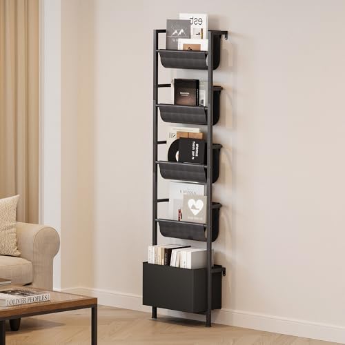 Homeiju Wall Mounted Kids Bookshelf with Storage Bin, 5-Tier Ladder Shelf, Suitable for Books, Toys, Magazines, Documents, Albums, Black - color: Black