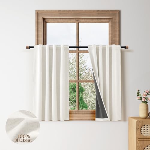 White 100% Blackout Kitchen Linen Curtains Back Tab 30 Inch Length Privacy Elegant Mini Cafe Curtain Tiers Over Sink for Rustic Farmhouse Bathroom Thermal Insulated Bedroom Small Drape 26x30 - color: White, size: 26"W x 30"L (Pack of 2)