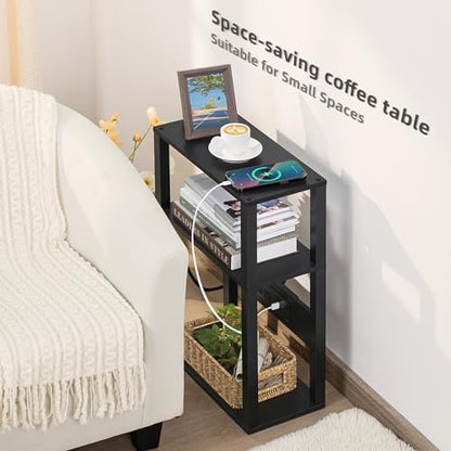 YUFAM 3-Tier Small Narrow Wood Side Table with Charging Station, Skinny Nightstand for Small Space, Slim Bedside Table with Storage for Couch, Thin End Table with USB Ports and Outlets, Black | Thin Side Table for Small Spaces, Slim End Table with USB and