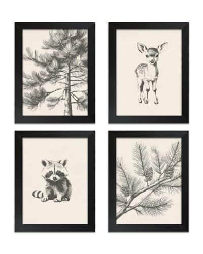 4Pcs Framed Wall Art Set Forest Animal Sketches on Canvas Nature Inspired Gallery Grade Artwork Ideal for Living Rooms Bedrooms and Children's Rooms 8x10 Ready to Hang - color: Sketch