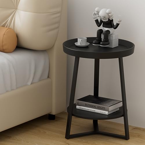 Round End Table with Storage Shelf, 2 Tier Farmhouse Side Table Nightstand for Living Room, Bedroom, Wood Tabletop & Black Metal Frame, Black 15.7 * 15.7 * 23.0inches - color: Black, size: 15.7"D x 15.7"W x 23"H (no Charging Station)