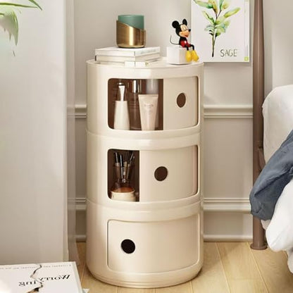 3 Tier Round Nightstand with Drawer, White Round Side Table Small Plastic Storage End Table for Bedroom, Living Room, Bathroom - color: White
