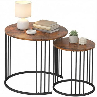 Nesting Side Tables Round Set of 2, Solid Wood End Tables Narrow with Storage Industrial Small Bedside Table Night Stand for Living Room, Bedroom, Sofa