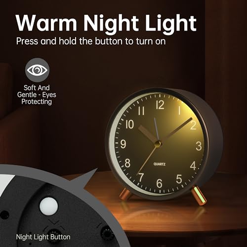 JALL Analog Alarm Clock, 4 inch Super Silent Non Ticking Small Clock with Night Light, Battery Operated, Simple Design, Easy Setting for Office, Bedroom, Bedside, Desk, Teens, Elders, Adult, Black - color: Black+gold