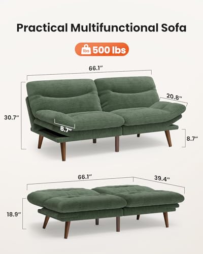 Amada 66 inch 3-in-1 Convertible Futon Sofa Bed, Green | Adjustable backrest and armrests, strong wood legs and frame, loveseat for living rooms, studios and offices - color: Green, size: 66 Inch
