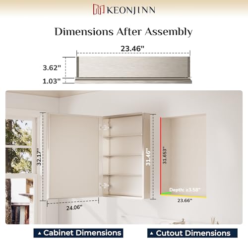 Keonjinn Brushed Nickel Bathroom Medicine Cabinet with Mirror 24 x 32 Inch | Assembly Needed, Stepless Adjustable Shelves, Aluminum Rust-Resistant, Surface Mount or Recessed Bathroom Mirror with Storage - color: Brushed Nickel, size: 24x32 In