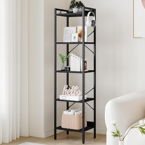 Hzuaneri Bookshelf, Book Shelf, Industrial Bookcase with 2 Hooks | Coner Shelf Storage Organizer for Home Office, Living Room, Bedroom, Kitchen, 5-Tier Black BC10504B - color: Black, size: 9.4"D x 15.7"W x 63"H