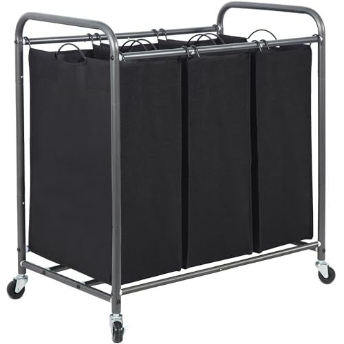 STORAGE MANIAC 3 Section Laundry Sorter, 35.6 Gal (135 L) Laundry Hamper Cart with Heavy Duty Rolling Lockable Wheels and Removable Bags, Clothes Organizer Basket Separator Hamper, Black - color: Black, size: 3 Section
