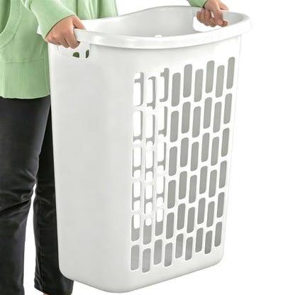60L Plastic Laundry Hamper, White, Slim Tall Rectangular, Ventilated Clothes Basket with Handles, for Narrow Spaces, Bathroom, Dorm, and Apartments