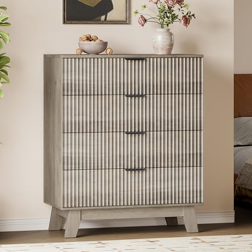 BORNOON 39" Tall Dresser for Bedroom, 4-Drawer Fluted Chest of Drawers, Modern Wood Highboy with Deep Storage, Metal Slides & Handles, Anti-Tip Kit, Vertical Clothes Organizer for Apartment, Nursery - color: Rustic Drift, size: Tall 4-Drawer