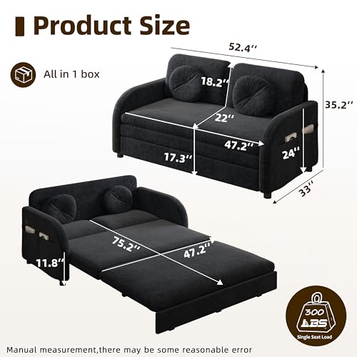 52.4'' Full Size Sleeper Sofa Bed, 3-in-1 Pull Out Chenille Couch, Black | Cozy Curved Armrest, Loveseat with USB, 2 Round Pillows, Washable Cover, Pocket, for Living Room, Apartment, Small Spaces, RV - color: Black, size: 52.4'' Full