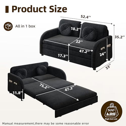 52.4'' Full Size Sleeper Sofa Bed, 3-in-1 Pull Out Chenille Couch, Black | Cozy Curved Armrest, Loveseat with USB, 2 Round Pillows, Washable Cover, Pocket, for Living Room, Apartment, Small Spaces, RV - color: Black, size: 52.4'' Full