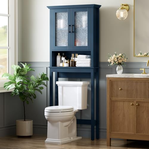 Over The Toilet Storage Cabinet, Over Toilet Storage Bathroom Cabinet with Glass Door and Adjustable Shelf, Above The Toilet Cabinet Behind Toilet Bathroom Organizer, Ultramarine - color: Ultramarine