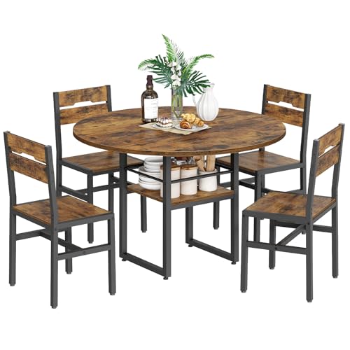 Round Dining Table Set for 4, 5-Piece Kitchen Table and Chairs with Storage Shelf, Circle Dinner Table Set with Wooden Tabletop & Metal Legs, for Kitchen & Dining Room, Rustic Brown and Black
