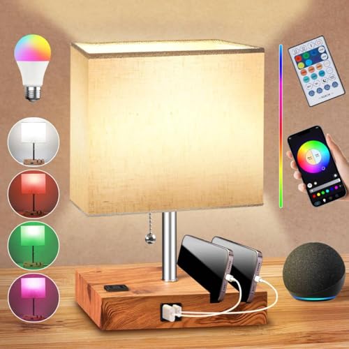 Smart RGB Dimmable Table Lamp Compatible with Alexa&APP&Remote Control, Wood Base | Bedside Desk Lamp with Charging Ports&Outlet&Phone Stand, Music Sync Nightstand Lamp for Bedroom Living Room Office Dorm - color: Wood, size: 1 Pack