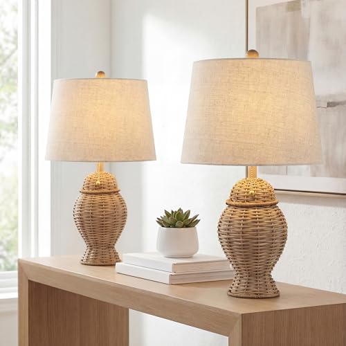 JONATHAN Y 20.5" Wicker Table Lamp, Natural with Beige Shade, Set of 2 | Margie Bohemian Rustic Farmhouse Coastal Urn Rattan Metal, Pull Chain Switch, Linen, LED Bulbs Included - color: Natural