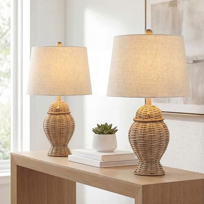 JONATHAN Y 20.5" Wicker Table Lamp, Natural with Beige Shade, Set of 2 | Margie Bohemian Rustic Farmhouse Coastal Urn Rattan Metal, Pull Chain Switch, Linen, LED Bulbs Included - color: Natural