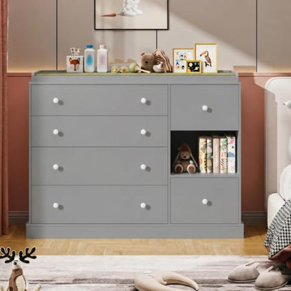 Kids Dresser Cabinet with 6 Drawers, Changing Table for Nursery with Shelf, Multi-Functional Chest of Drawers, Kids Bedroom Furniture, Nightstand for Children's Room, Grey - color: Grey