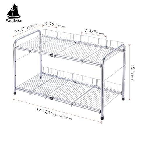 FlagShip 2 Tier Under Sink Organizers and Storage Rack Expandable Cabinet Shelf for Kitchen Bathroom Silver (17-25 inches)